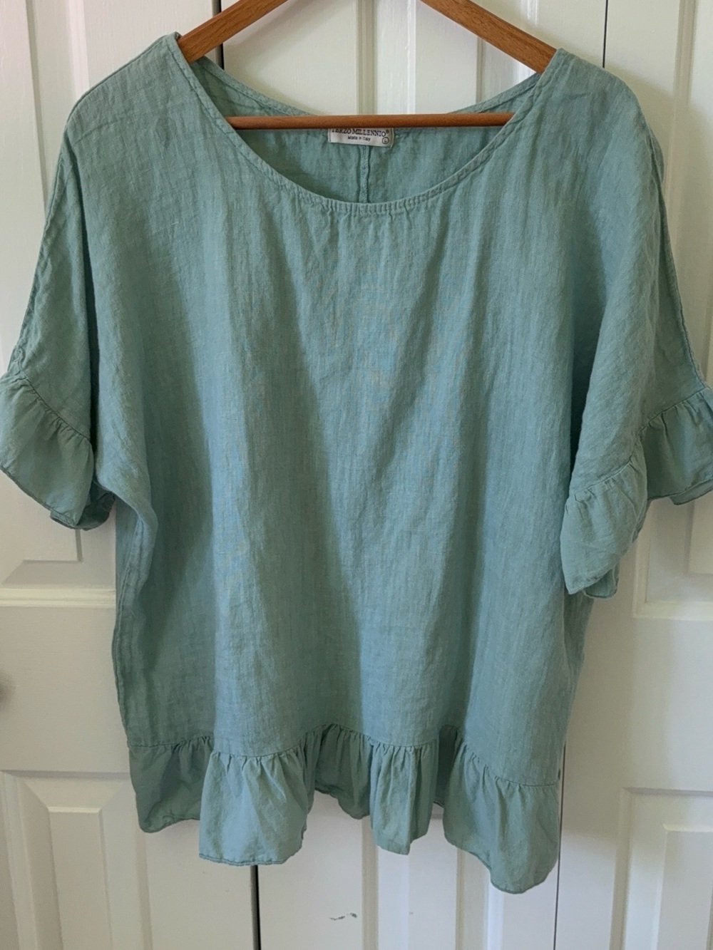 Relaxed Light Teal Ruffle-Hem Tunic Top